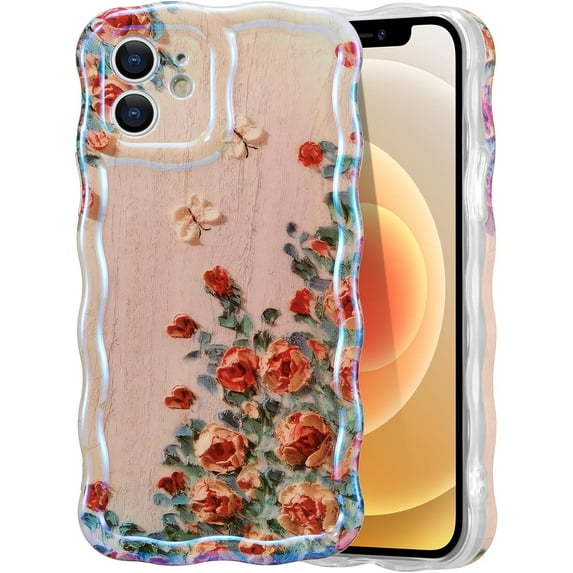 Case for iPhone 11, Colorful Retro Oil Painting Printed Flower Laser Beam Glossy Pattern Cute Curly Waves Border Exquisite Phone Cover Stylish Durable TPU Protective Case for Girls Women-Beige