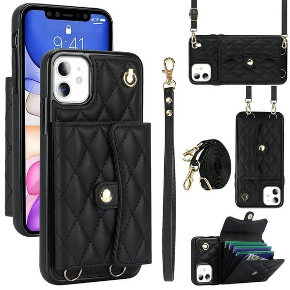 Case for iPhone 11, Crossbody Wristlet Case Wallet with RFID Blocking Card Slots KickStand Flip Folio PU Leather Magnetic Protective Cover Women for iPhone 11, Black
