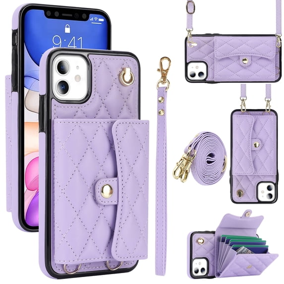 Case for iPhone 11, Crossbody Wristlet Case Wallet with RFID Blocking Card Slots KickStand Flip Folio PU Leather Magnetic Protective Cover Women for iPhone 11, Violet