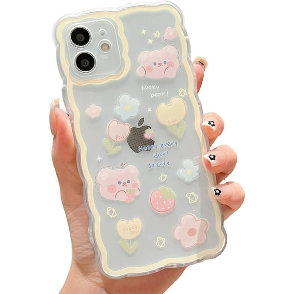 Case for iPhone 11, Cute Cartoon Flower Strawberry Bear Floral Pattern Curly Wave Frame Lace Design Phone Case Clear Slim Soft Shockproof Protective TPU Cover for Women Girls - Yellow