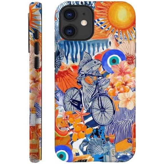 Case for iPhone 11, Fits Frosted Case Design for Girl Women, Collage Blue Fish Beach Bike Flower, Full Body Protective Cover, Shockproof, Slim Phone Case
