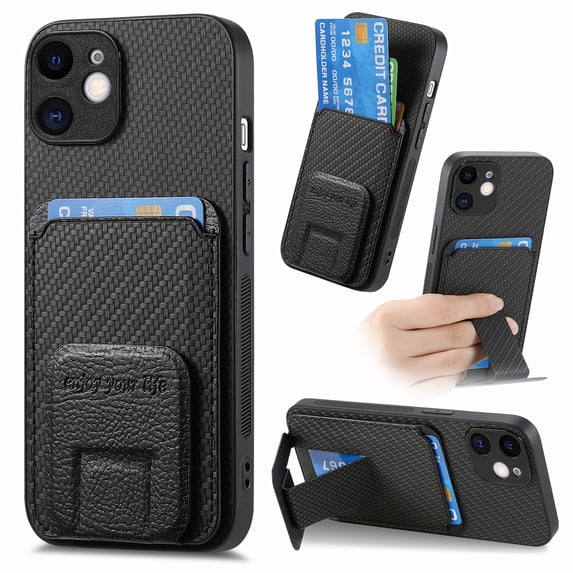 Case for iPhone 11 with Hidden Kickstand, Carbon Fiber Texture Wallet Case with Card Holder for iPhone 11 Magnetic Car Mount Shockproof Military Grade Protection Cover, Black