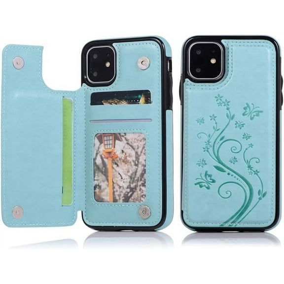 Case for iPhone 11, Luxury PU Leather Case [Two Magnetic Clasp] [Card Slots] Stand Function Butterfly Flower Pattern Durable Shockproof Soft TPU Back Wallet Cover - Mint Green