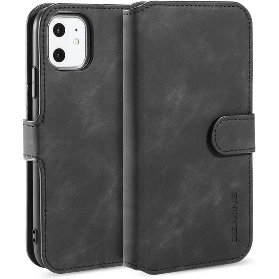 Case for iPhone 11, Luxury PU Leather Case Vintage Wallet Flip Cover TPU Inner Shell [Card Slots] [Magnetic Closure] Stand Function Folio Shockproof Full Protection - Black
