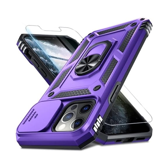 Case for iPhone 11 Phone Cover Built in Slide Camera Lens Cover+Screen Protector,Heavy Duty Shockproof Full Body PhoneCase with Finger Ring Holder Kickstand,Purple