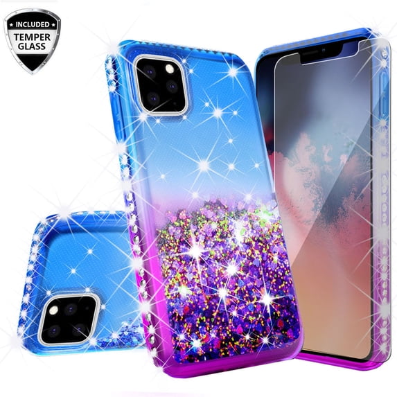 iPhone 11 Pro (2019) Case, Liquid Glitter Floating Bling Sparkle Moving Quicksand Waterfall Girls Women Cute Protective Phone Case with Tempered Glass Screen Protector - Purple/Blue