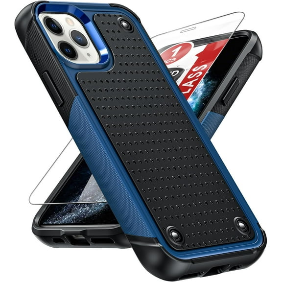for Case iPhone 11 Pro, Apple 11 Pro Phone Case for Men with Screen Protector, Shockproof Heavy Duty Dual Layer Protective Hard PC Textured Back & Soft Bumper Case for Apple iPhone 11 Pro, Blue