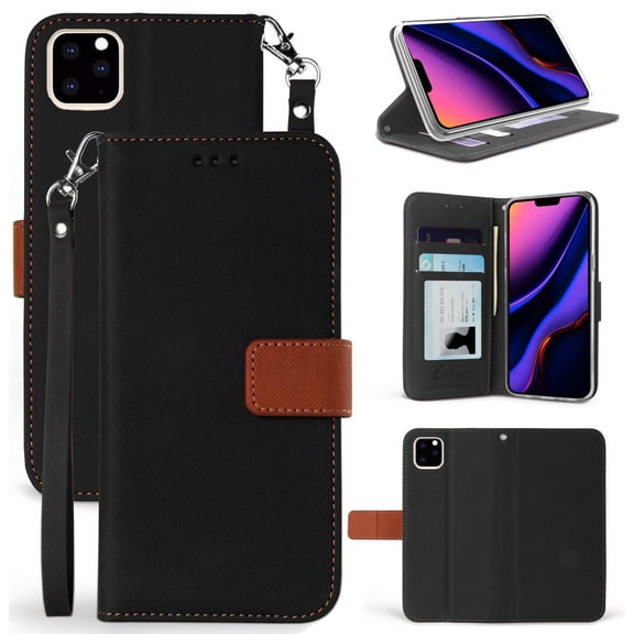 Case for iPhone 11 Pro, [Black/Brown] Infolio Wallet Credit Card Slot ID Cover, View Stand [with Magnetic Closure, Wrist Strap Lanyard] for Apple iPhone 11 Pro (2019, 5.8" Model)