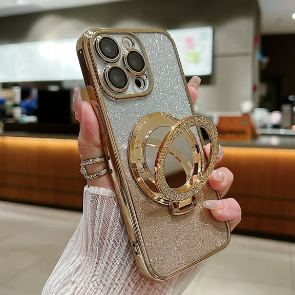 Case for iPhone 11 Pro Glitter Cover Lens Camera Protection Hidden Kickstand Ring Holder Silicone With Mirror Plain Lightweight Phone Case for iPhone 11 Pro, Gold