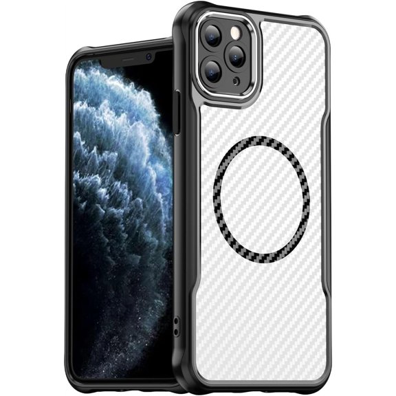 Case for iPhone 11 Pro Max,Full-Body Rugged Carbon Fibre Protective Clear Back Hybrid Magnetic with Wireless Charge Shockproof Protector Phone Case for iPhone 11 Pro Max,6.5 inch 2019 (Black)