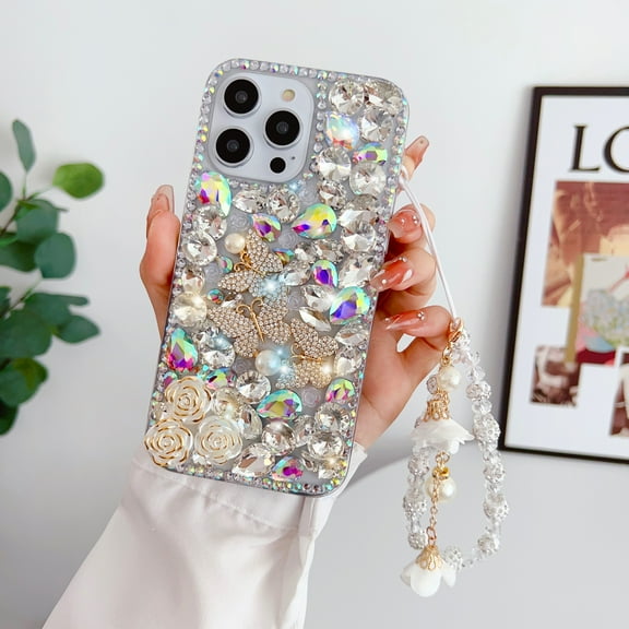 Case for iPhone 11 Pro Max, Glitter Case for Women Girls 3D Glitter Sparkle Bling Case Luxury Shiny Crystal Rhinestone Diamond Bumper Clear Gems Cute Wrist Strap Case Cover - Silver