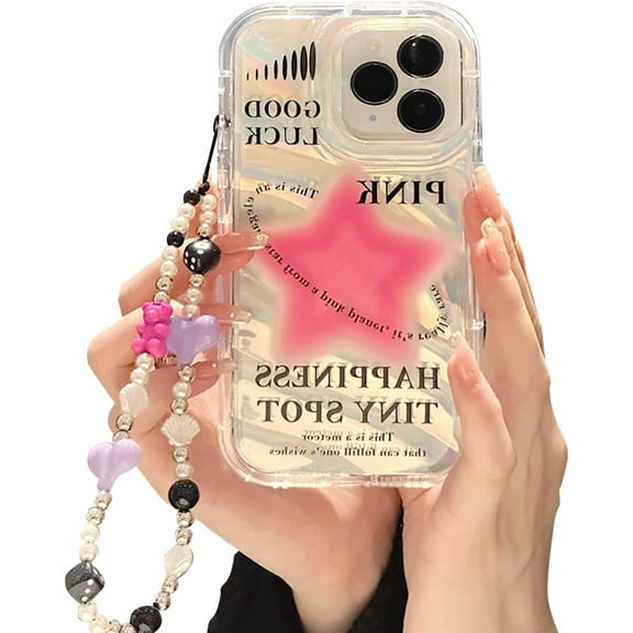 Case for iPhone 11 Pro Max with Phone Charm/Chain,Sparkly Pink Star Pattern Clear Cute Phone Case with Pearl Love Heart Bracelet,Luxury Bling Women Girl Phone Case 6.5''