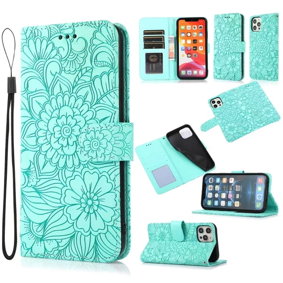 Case for iPhone 11 Pro Max, Premium Leather Magnetic Closure Slim Flip Wallet Phone Case with Card Holder Cash Slot Stand Function Embossed Flower Shockproof Lanyard Cover - Green