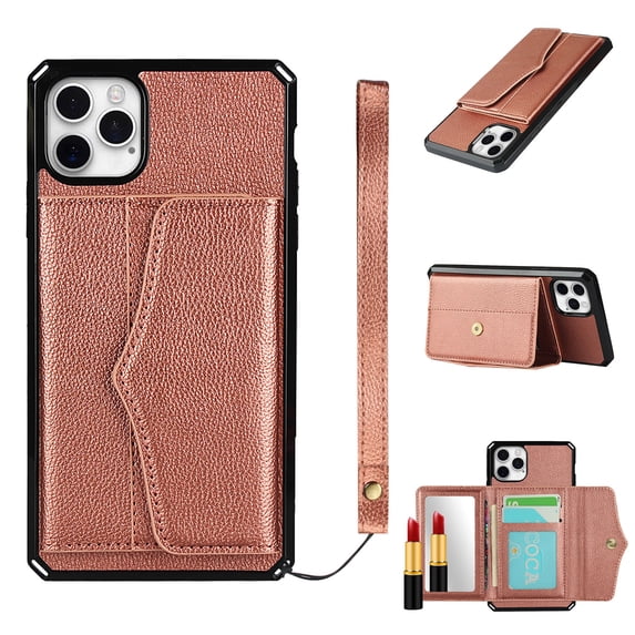 Case for iPhone 11 Pro Max Wallet Cover with Credit Card Holder & Hidden Mirror, Allytech Luxury Kickstand Magnetic Button Wrist Strap Women Girly Back Case for iPhone 11 Pro Max 6.5", Rosegold