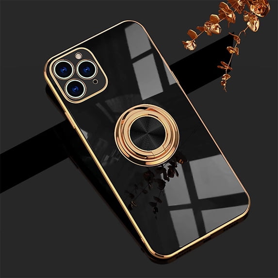 Case for iPhone 11 Pro Ring Holder Case Shiny Plating Rose Gold Edge with 360 Degree Rotation Kickstand for Women Girls Slim Soft Flexible TPU Protective Cover Case, 5.8 Inch, Black