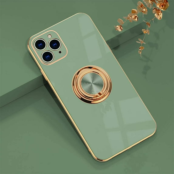 Case for iPhone 11 Pro Ring Holder Case Shiny Plating Rose Gold Edge with 360 Degree Rotation Kickstand for Women Girls Slim Soft Flexible TPU Protective Cover Case, 5.8 Inch, LightGreen