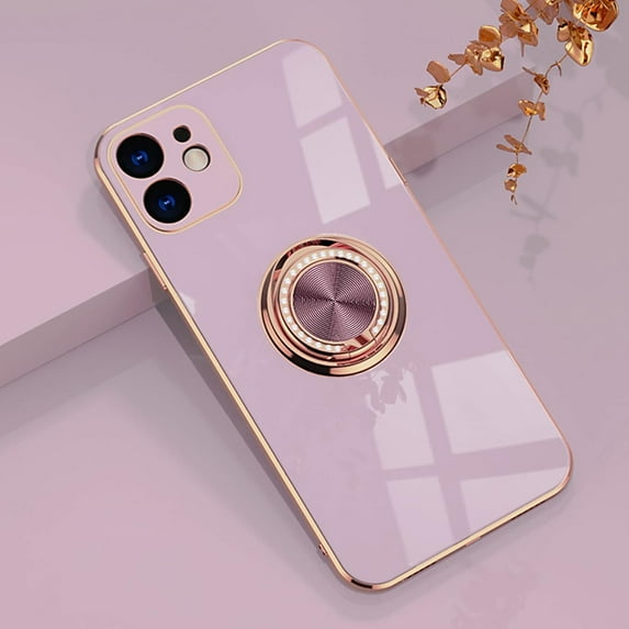 Case for iPhone 11 Ring Holder Case with Diamond Shiny Plating Rose Gold Edge Built-in 360 Rotation Magnetic Kickstand for Women Girls Slim Soft TPU Protective Cover Case 6.1 Inch, Purple