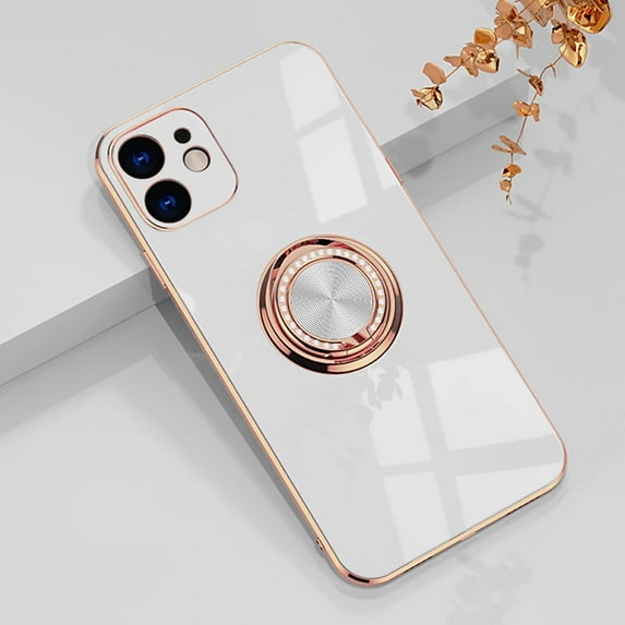 Case for iPhone 11 Ring Holder Case with Diamond Shiny Plating Rose Gold Edge Built-in 360 Rotation Magnetic Kickstand for Women Girls Slim Soft TPU Protective Cover Case 6.1 Inch, White