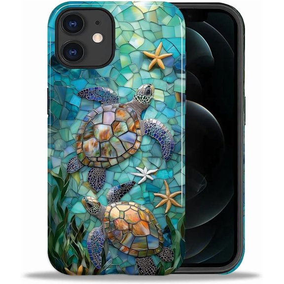 Case for iPhone 11, Sea Turtle Stained Glass Mosaic Design Hybrid Dual Protection Soft TPU Hard PC Shockproof Anti-Scratch Cover Men Women Stylish Protective Phone Case