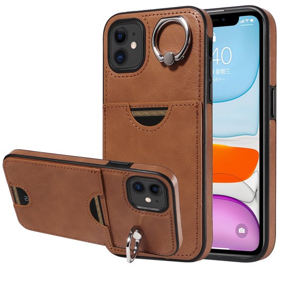 Case for iPhone 11 Wallet with Credit Card Holder & Finger Ring Kickstand, Premium PU Leather Slim Cover Shockproof Scratch Resistant Full Protection Phone Case for iPhone 11, Brown