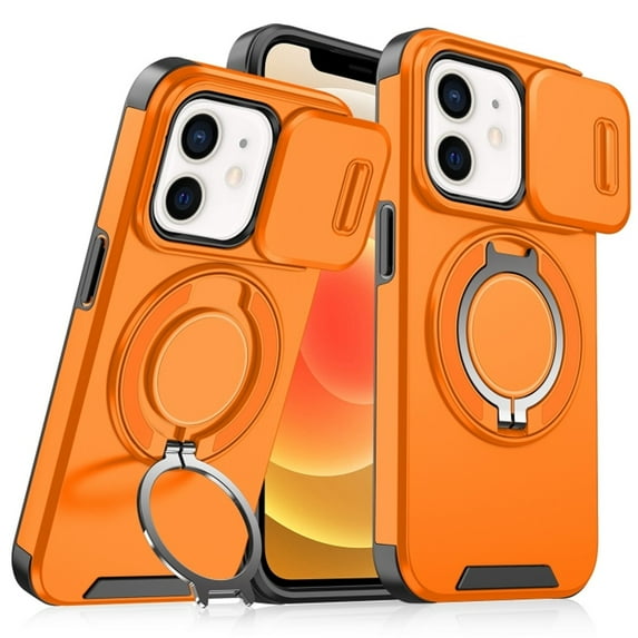 Case for iPhone 12 6.1-inch, Built In Slide Camera Cover & Rotatable Kickstand Sliding Ring Heavy Duty ShockProof Protective Case for iPhone 12,Orange,For iPhone 12