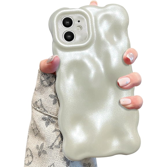 Case for iPhone 12 6.1 inch, Cute Solid Color Curly Wave Shape Shockproof Soft Bumper Phone Case, Candy Water Ripple 3D Silicon Slim Pretty Case Non-Yellowing Cover, Pearl White