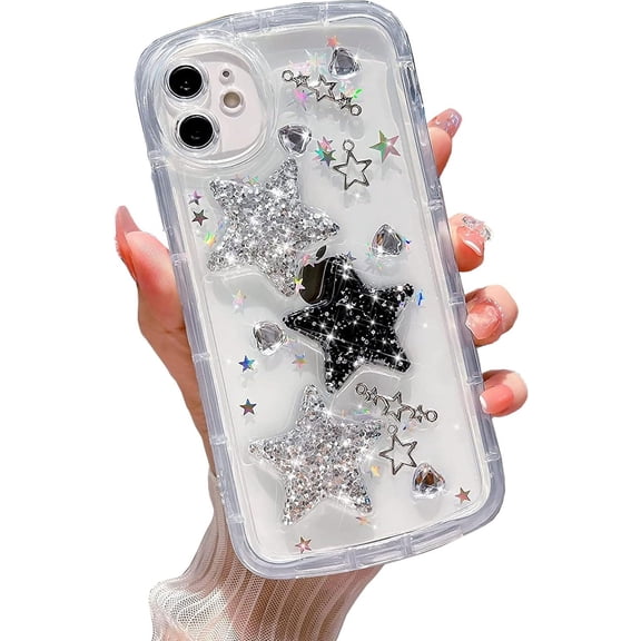 Case for iPhone 12, Bling Glitter 3D Stars Cute Heart Design Phone Case Luxury Sparkling Crystal Clear Back Slim Soft Shockproof Protective TPU Bumper Cover for Women Girls - Clear