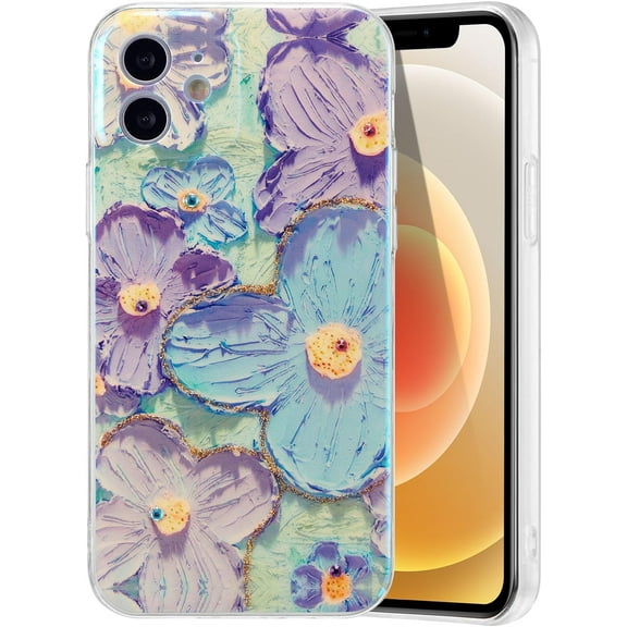 Case for iPhone 12, Colorful Retro Oil Painting Flower Laser Beam Glossy Pattern Cute Exquisite Floral Blossom Phone Cover Stylish Durable TPU Protective Case for Girls Women - Purple Flower