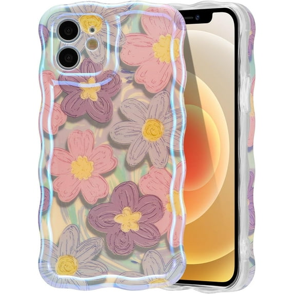 Case for iPhone 12, Colorful Retro Oil Painting Flower Laser Glossy Design Cute Curly Waves Edge Exquisite Phone Cover Stylish Durable TPU Protective Case for Girls Women - Pink Purple