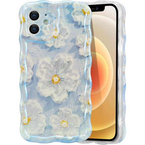 Case for iPhone 12, Colorful Retro Oil Painting Flower Laser Glossy Pattern Cute Curly Waves Border Exquisite Floral Phone Cover Stylish Durable TPU Protective Case for Girls Women - Blue#2