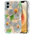thumbnail image 1 of Case for iPhone 12, Colorful Retro Oil Painting Flower Leaves Laser Glossy Pattern Cute Curly Waves Edge Exquisite Phone Cover Stylish Durable TPU Protective Case for Girls Women - Blue Green, 1 of 12
