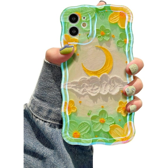 Case for iPhone 12, Colorful Retro Oil Painting Flower Moon Pattern Laser Cute Curly Wave Edge Exquisite Phone Cover Stylish Durable TPU Protective Case for Girls Women - Moon/Green