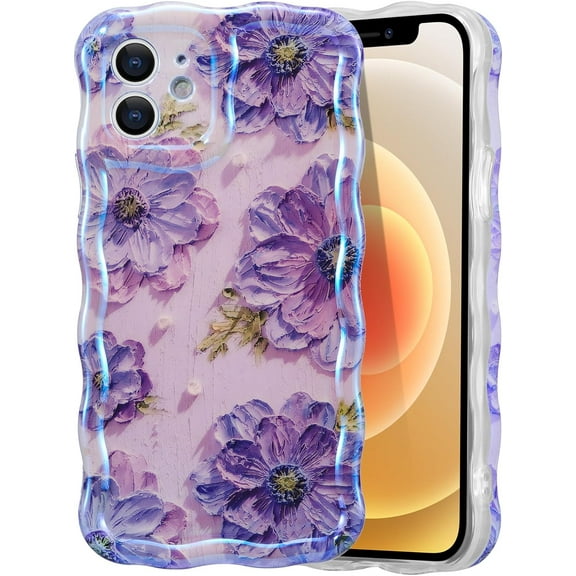 Case for iPhone 12, Colorful Retro Oil Painting Printed Flower Laser Glossy Pattern Cute Curly Waves Border Exquisite Phone Cover Stylish Durable TPU Protective Case for Girls Women - Purple