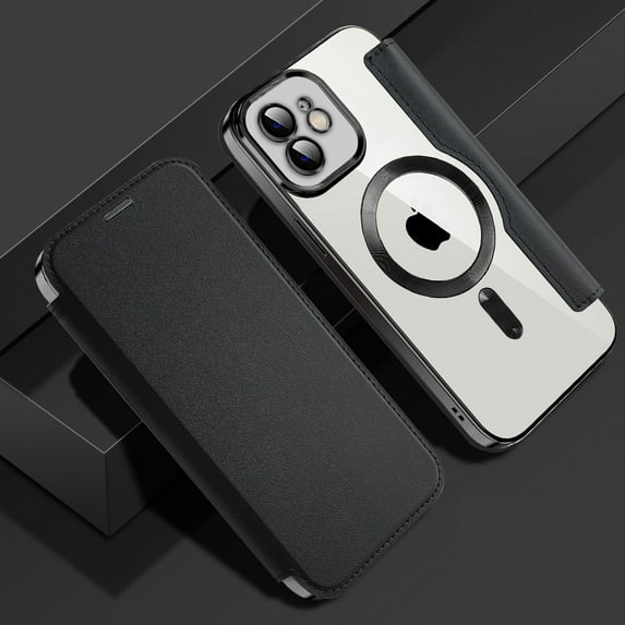 Case for iPhone 12,Compatible with MagSafe Charging,Wallet Cover with RFID Blocking Card Slots,Shockproof PU Leather Magnetic Closure Folio Plating Clear Phone Case,Black
