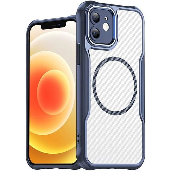Case for iPhone 12,Full-Body Rugged Carbon Fibre Protective Clear Back Hybrid Magnetic with Wireless Charge Shockproof Protector Phone Case for iPhone 12,6.1 inch 2020 (Blue)