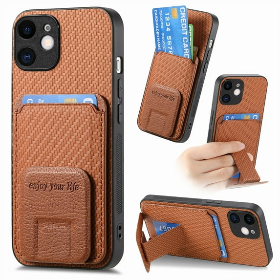 Case for iPhone 12 with Hidden Kickstand, Carbon Fiber Texture Wallet Case with Card Holder for iPhone 12 Magnetic Car Mount Shockproof Military Grade Protection Cover, Brown