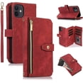 thumbnail image 1 of Case for iPhone 12 Mini 5.4 inch, 9 Card Slots Retro Leather Wallet Shockproof Flip Cover with Hand Strap Card Slots Zipper Pocket Kickstand Handbag Magnetic Closure - Retro Red Wine, 1 of 16