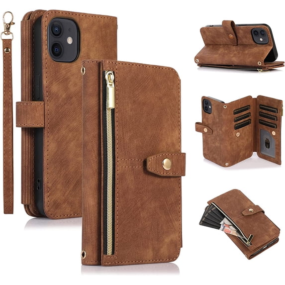 Case for iPhone 12 Mini 5.4 inch, 9 Card Slots Retro Leather Wallet Shockproof Flip Cover with Hand Strap Card Slots Zipper Pocket Kickstand Handbag Magnetic Closure - Retro Brown