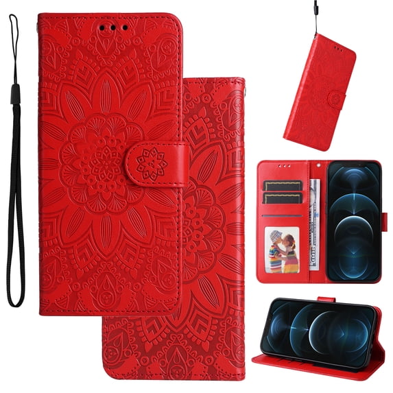 Case for iPhone 12 Mini,Premium PU Leather Magnetic Flip Wallet Case with Card Holder Cash Slot Lanyard Strap Kickstand Embossed Mandala Flower Pattern Cover For iPhone 12 Mini, Red