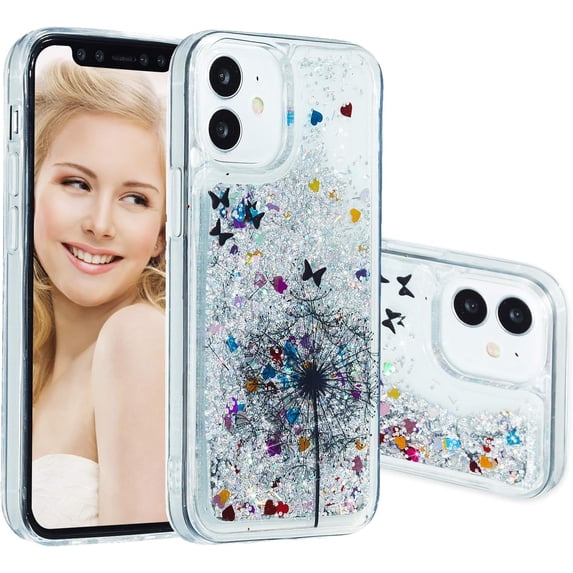 Case for iPhone 12 Mini, iPhone 12 Mini Case Cute Pink Glitter Luxury Sparkle Liquid for Girls Women Quicksand Clear Soft TPU Protective Phone Case for iPhone 12 Mini Dandelion