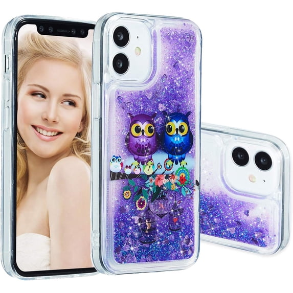 Case for iPhone 12 Mini, iPhone 12 Mini Case Cute Pink Glitter Luxury Sparkle Liquid for Girls Women Quicksand Clear Soft TPU Protective Phone Case for iPhone 12 Mini Couple Owls