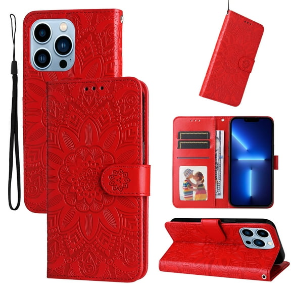 Case for iPhone 12 Pro / 12, Case Sunflower Embossed PU Leather Flip Cover Wallet Case with Cards Slot Holder Kickstand with Strap Protective Cover for Apple iPhone 12 Pro / 12 6.1 inch,Red