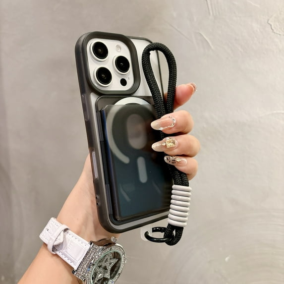 Case for iPhone 12 Pro / 12, Semi-Transparent Back Cover with Magnetic Detachable Card Holder, Lanyard Included, Wireless Charging Compatible, TPU+PC, Anti-Yellowing Shockproof Phone Cover, Black