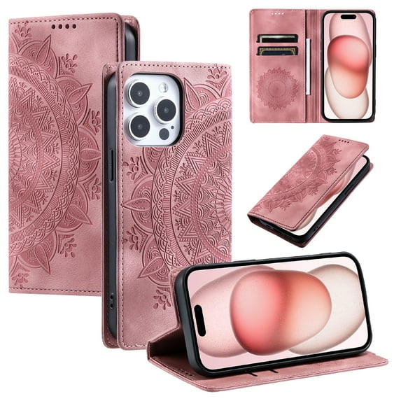 Case for iPhone 12 Pro / iPhone 12 6.1" Wallet Case for Women Girls with Card Holder, Embossed Flower Pattern Magnetic Flip PU Leather Purse Protective Phone Cover, Pink