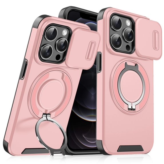 Case for iPhone 12 Pro 6.1-inch, Built In Slide Camera Cover & Rotatable Kickstand Sliding Ring Heavy Duty ShockProof Protective Case for iPhone 12 Pro,Pink,For iPhone 12 Pro