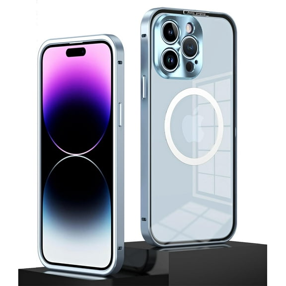 Case for iPhone 12 Pro Case Compatible with MagSafe Ultra Slim Clear PC Back Metal Frame Bumper Scratch Resistant Safety Lock Shockproof Magnet Case, Blue