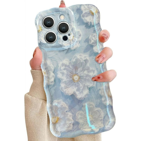 Case for iPhone 12 Pro, Colorful Retro Oil Painting Flower Laser Glossy Pattern Cute Curly Waves Border Exquisite Floral Phone Cover Stylish Durable TPU Protective Case for Girls Women-Blue#2