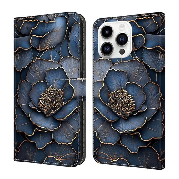 Case For iPhone 12 Pro Crystal Material Painted Pattern With Multi-Card Holder Bills Slot, PU Leather Magnetic Wallet Case,Dark blue,For iPhone 12 Pro