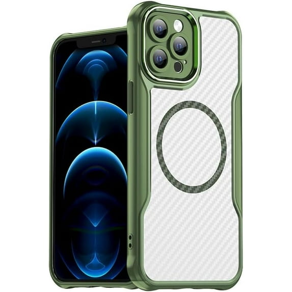 Case for iPhone 12 Pro,Full-Body Rugged Carbon Fibre Protective Clear Back Hybrid Magnetic with Wireless Charge Shockproof Protector Phone Case for iPhone 12 Pro,6.1 inch 2020 (Green)