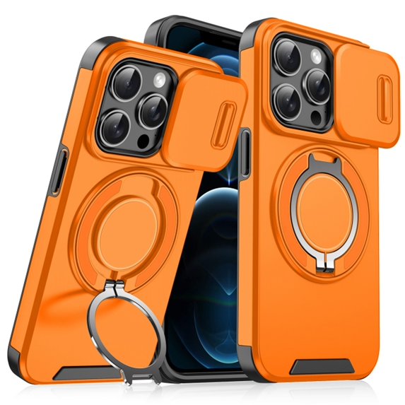 Case for iPhone 12 Pro Max 6.7-inch, Built In Slide Camera Cover & Rotatable Kickstand Sliding Ring Heavy Duty ShockProof Protective Case for iPhone 12 Pro Max,Orange,For iPhone 12 Pro Max